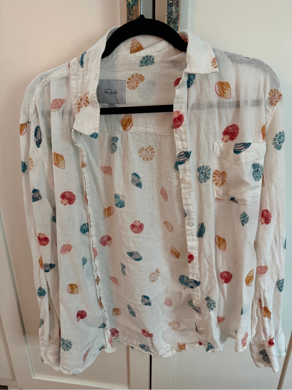 Rails White Button-Down Shirt with Teal, Mustard & Coral Shell Print